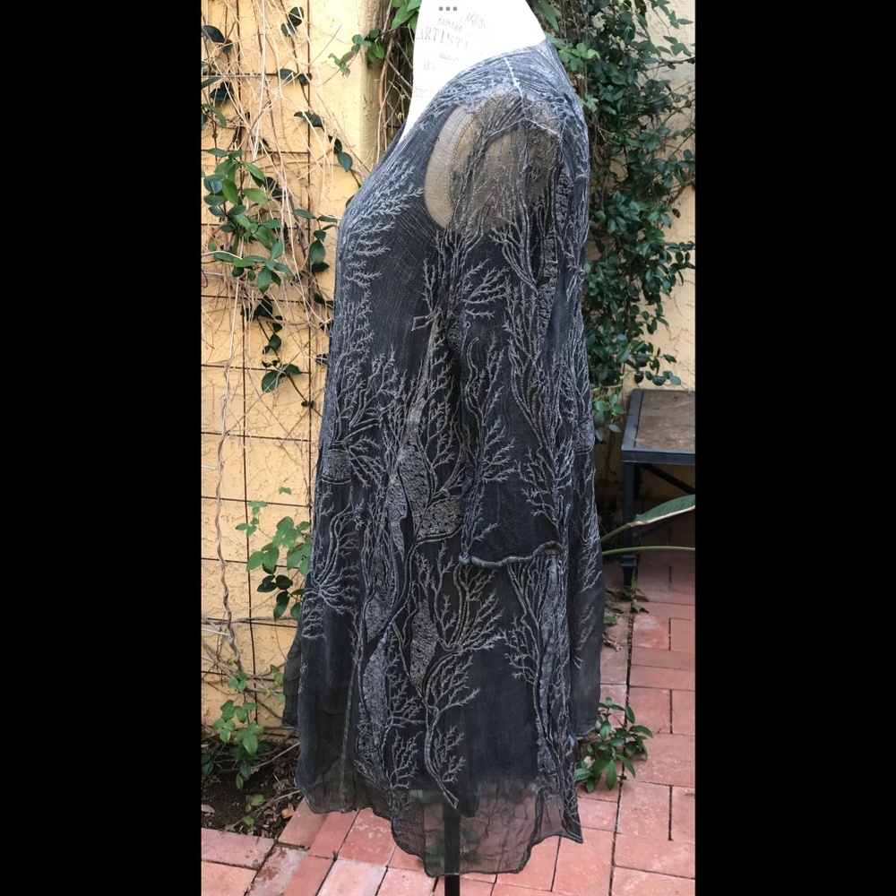 High End Boutique Slate Blue Gray Dress w/ Under-Dress Embroidered Coral Size S - Picture 5 of 16